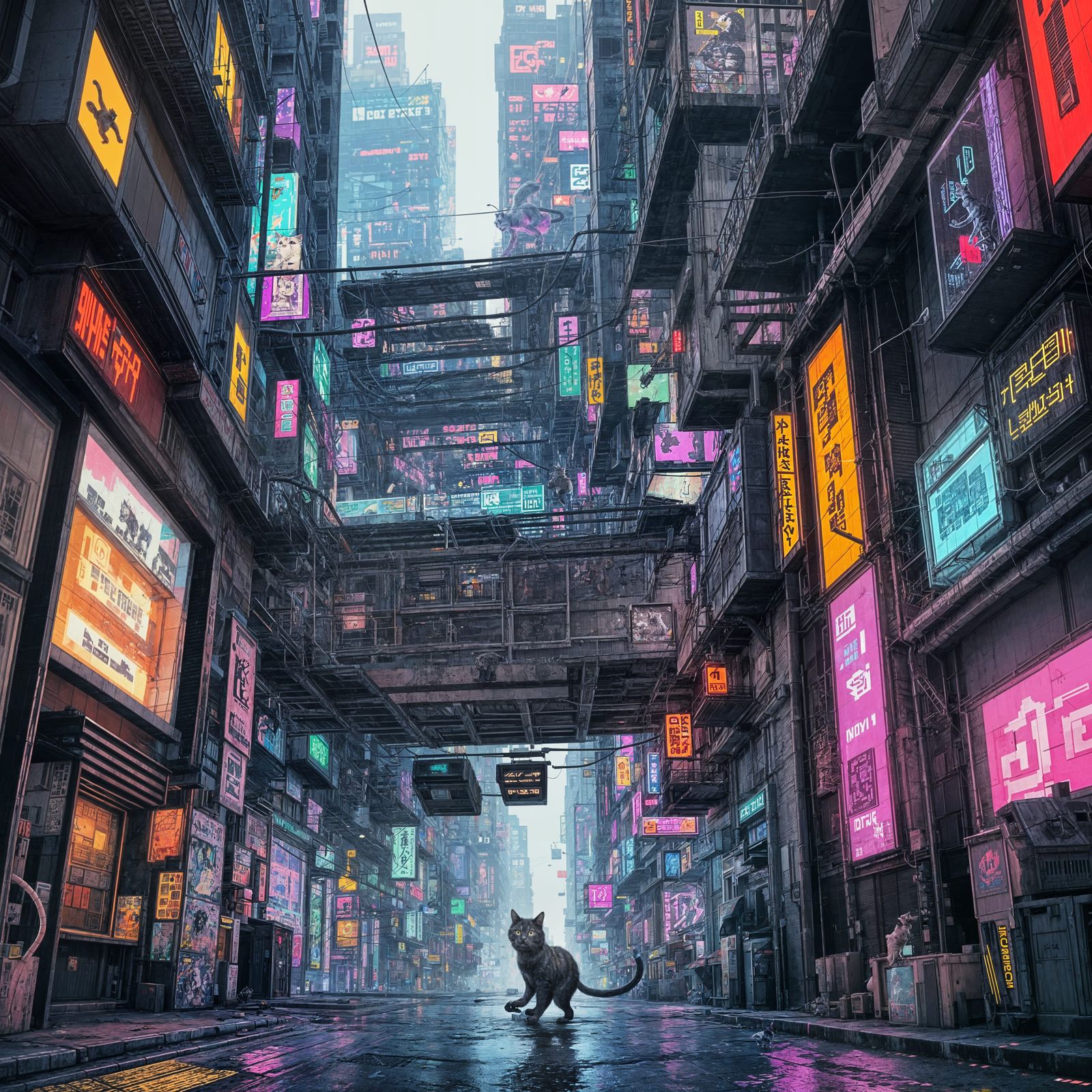 Glitching Kitten Pounces in Cyberpunk Alley: Pixel Art