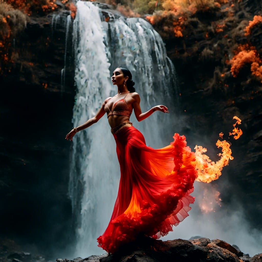 Flaming Fire Dancer Performing at Waterfall
