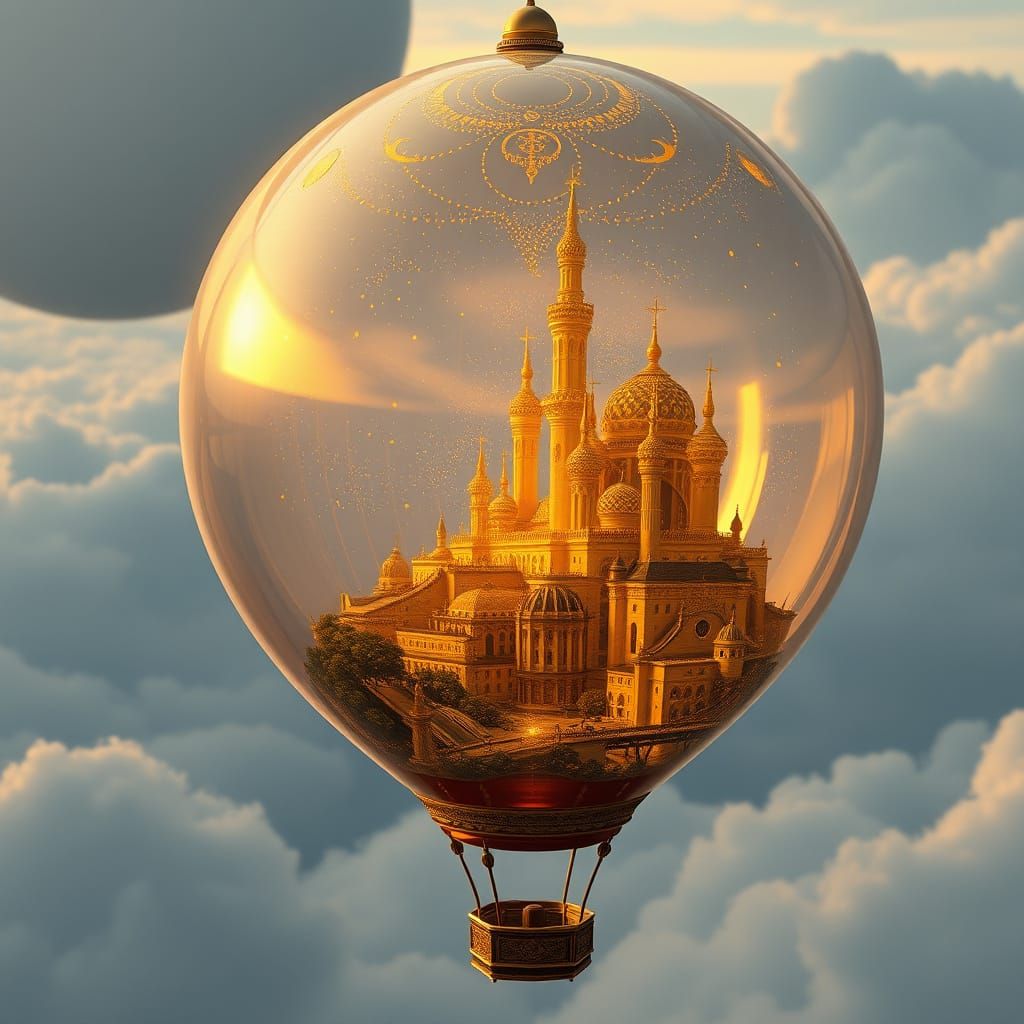 Balloon Cityscape in Klimt-Inspired Golden Style
