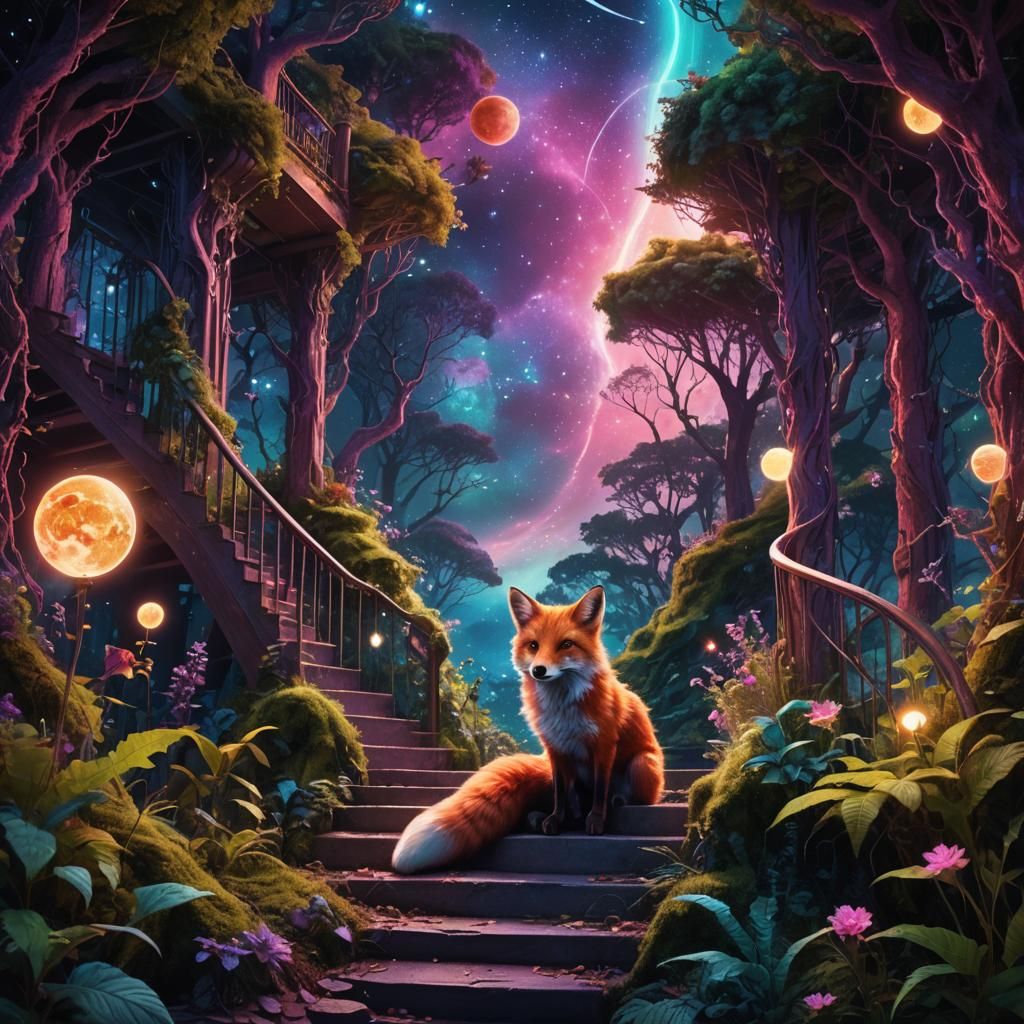 Red Fox Forest: Neon Stars in Digital Painting