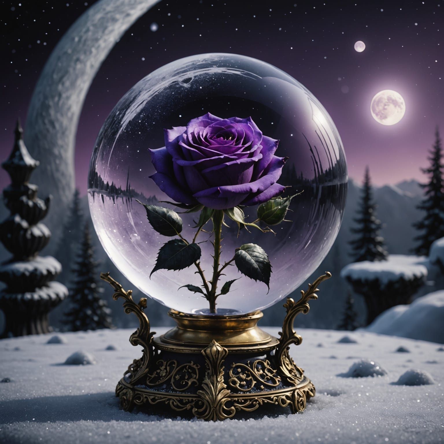 Epic Crystal Ball with Purple Rose in a Dark Divine Landscap...
