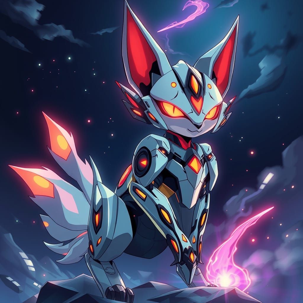 Feral Robot Kitsune in Vibrant Cel-Shaded Anime Style