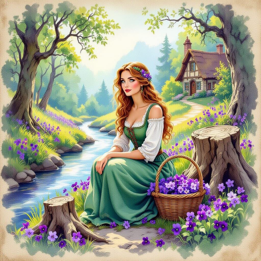 Celtic Woman in Violet Forest: Disney-Inspired Watercolor