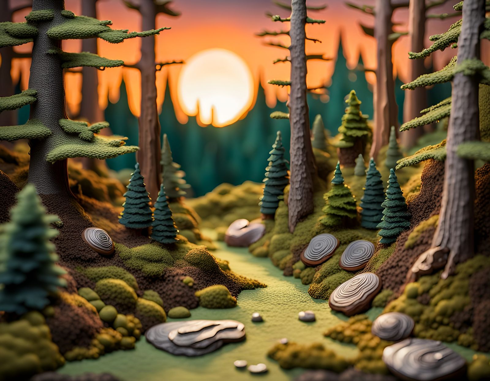 Coniferous Forest Sunset with Tactile Elements