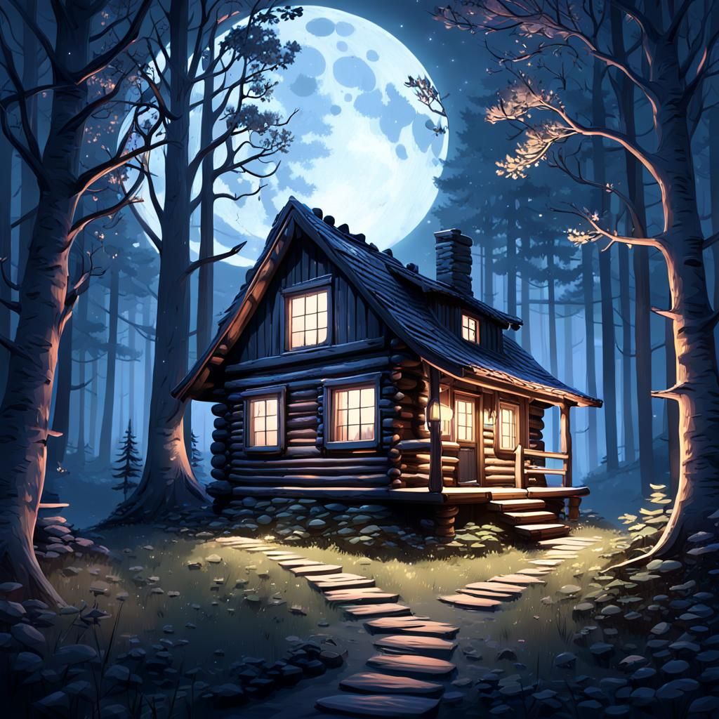 Dreamy Cabin Retreat in Moonlit Anime Style