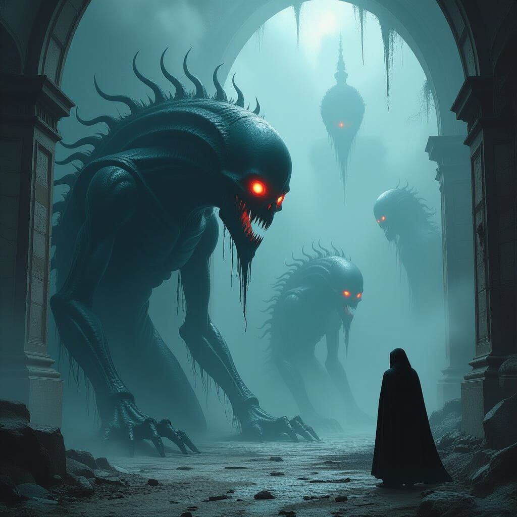 Terrifying Dark Creatures in a Surreal Horror Aesthetic