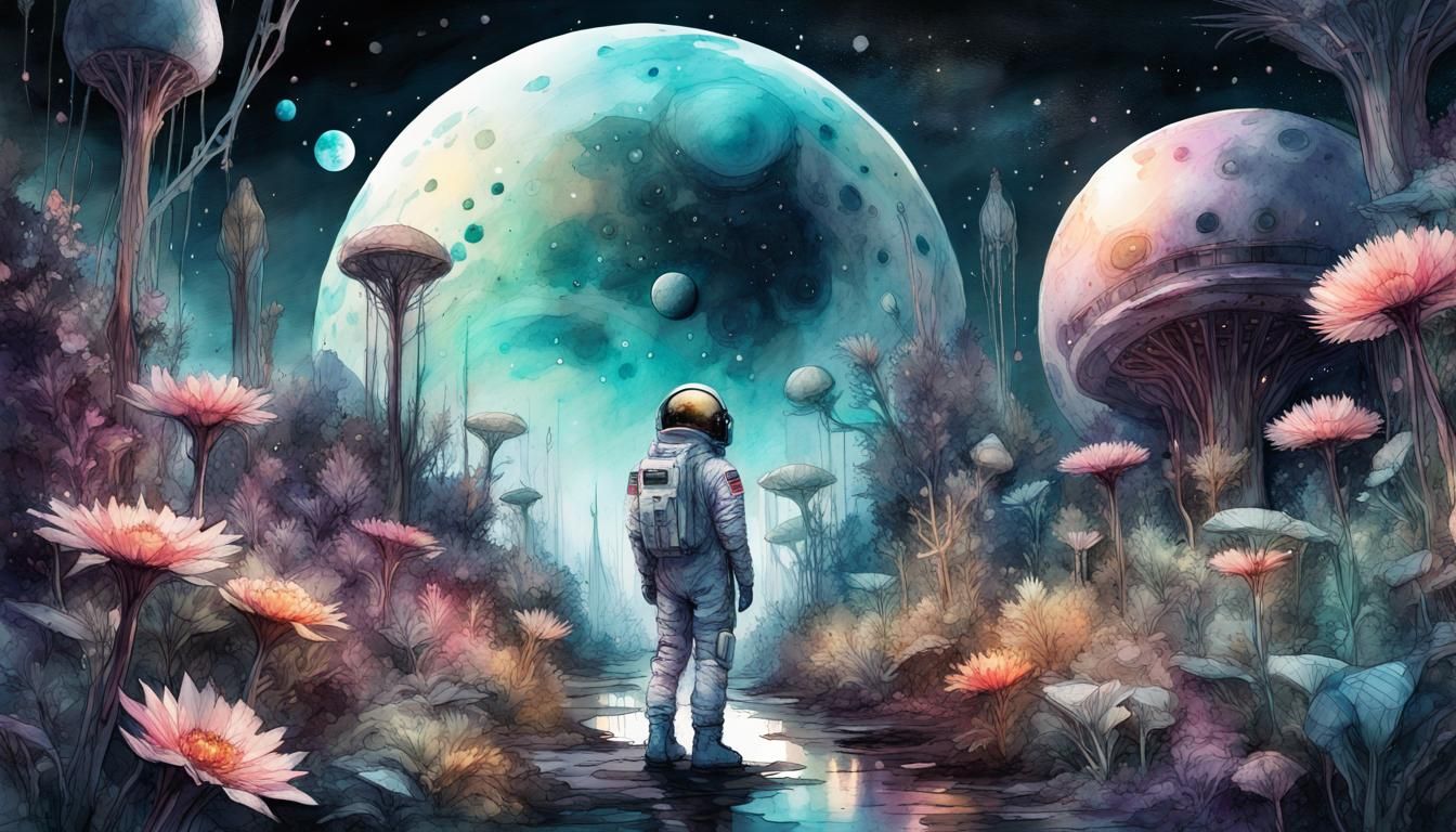 Astronaut in Alien Garden: Digital Watercolor Fantasy