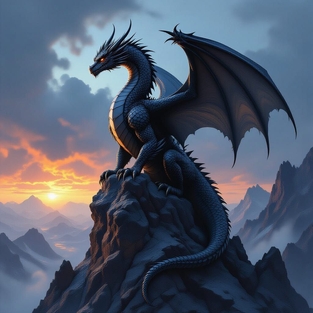 Obsidian Dragon Sculpture on Mountain Peak