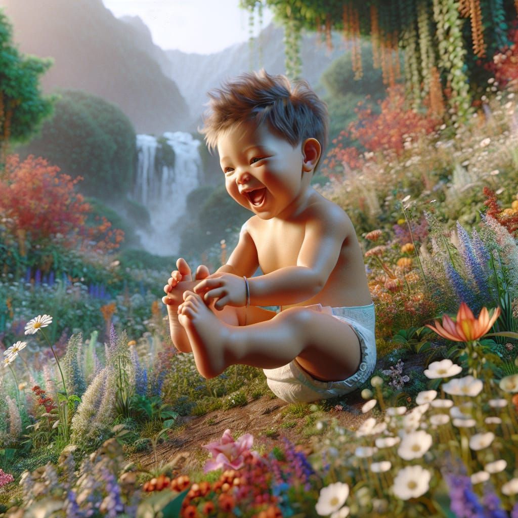 Toddler Laughing in Flower Field: Matte Painting
