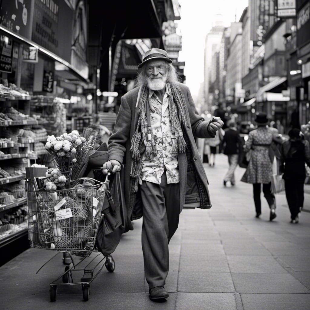 Happy Hippie Old Man in Shopping Frenzy