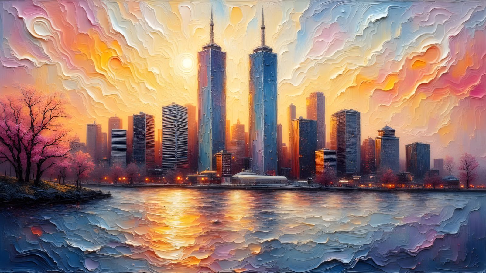 Dreamy New York Skyline with Twin Towers Impasto Style