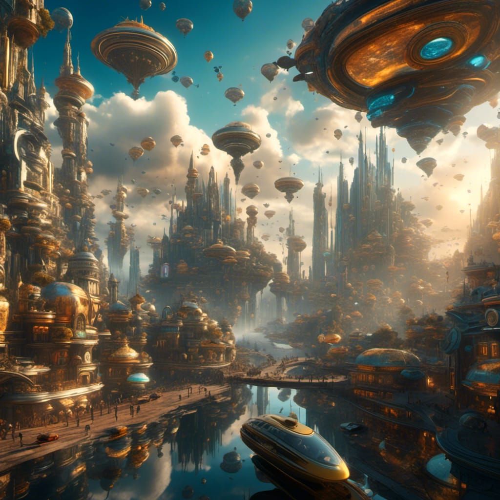 Futuristic Cityscape with Flying Cars in Golden Light