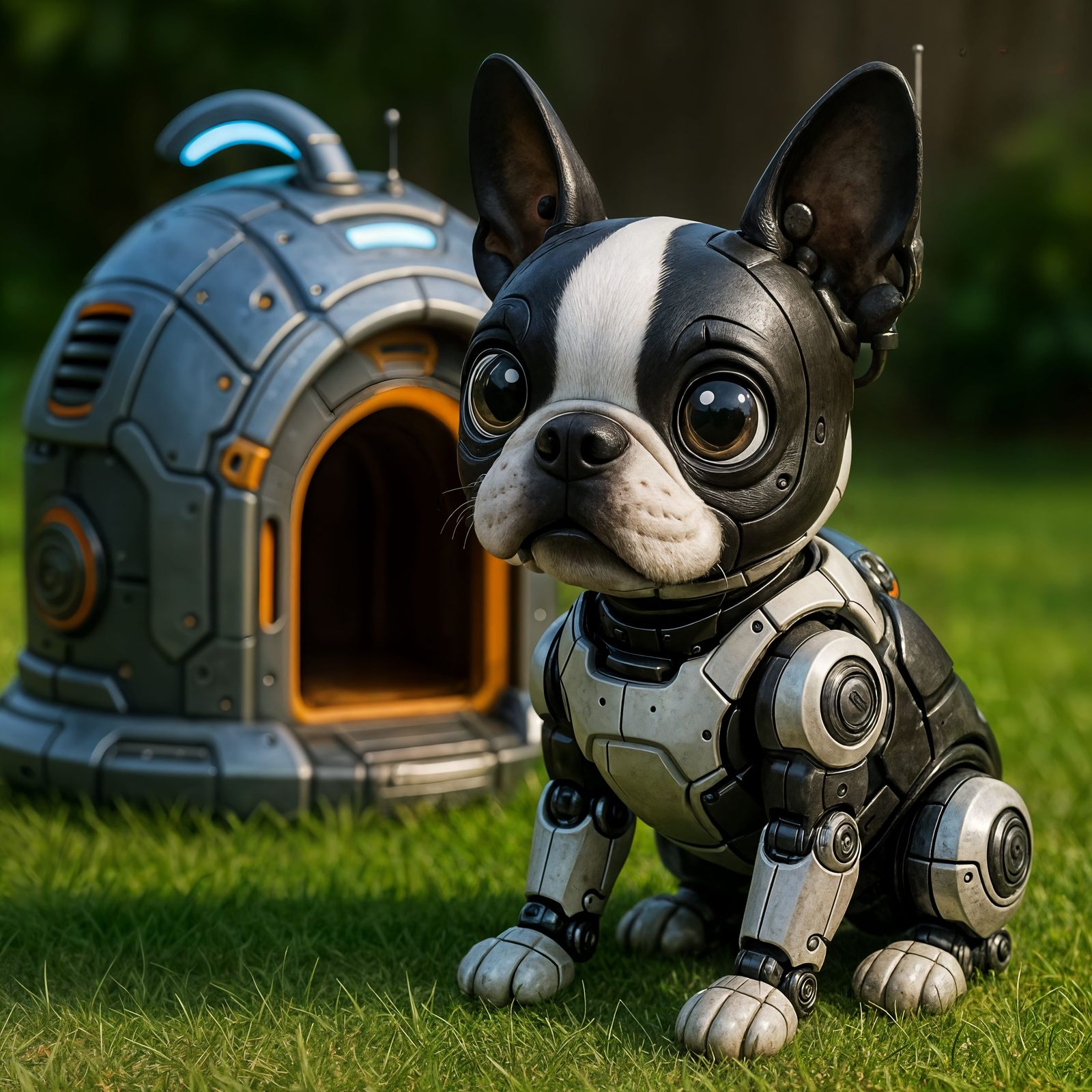 Adorable CGI Robot Boston Terrier in Sci-Fi House