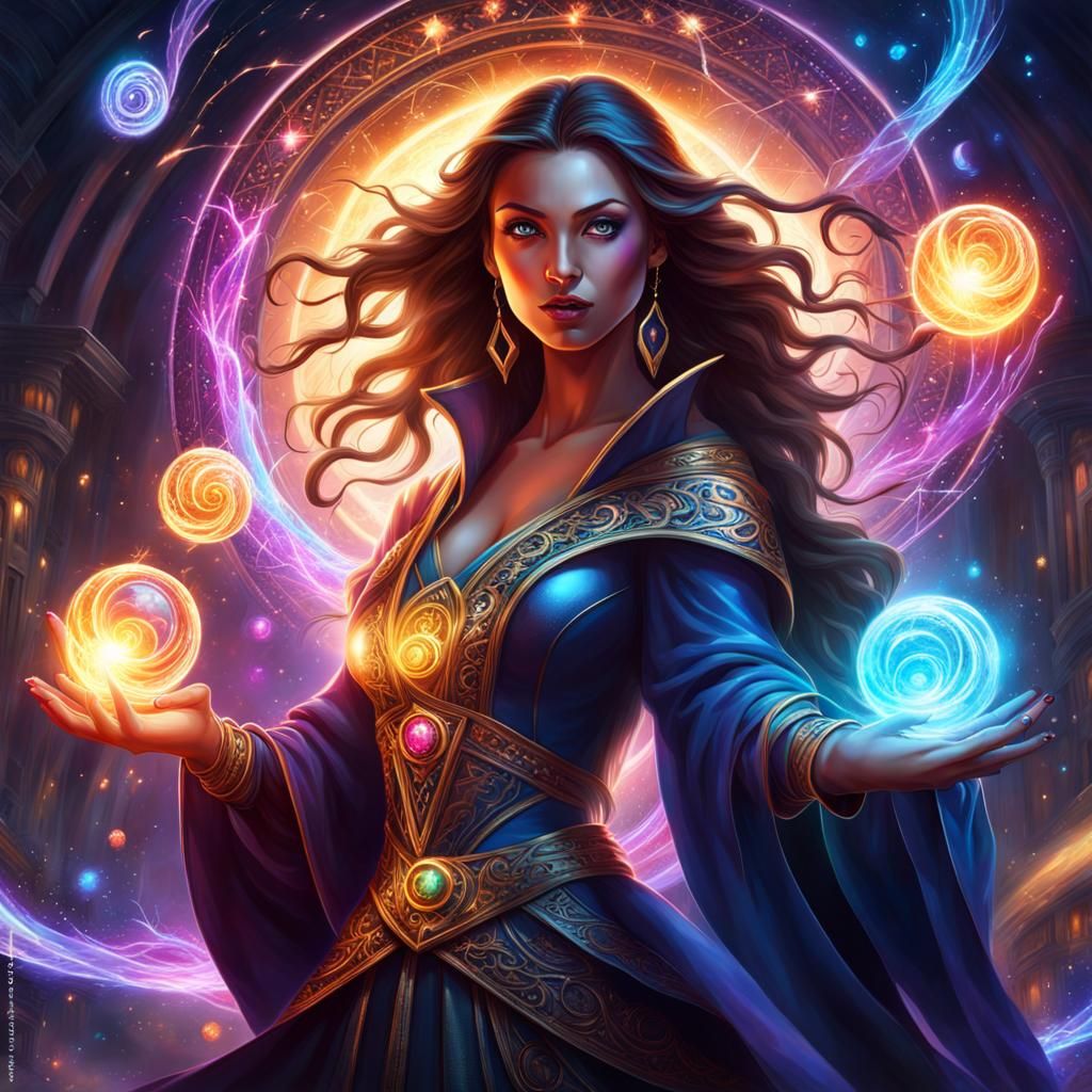 Magical Sorceress Wielding Fire and Ice