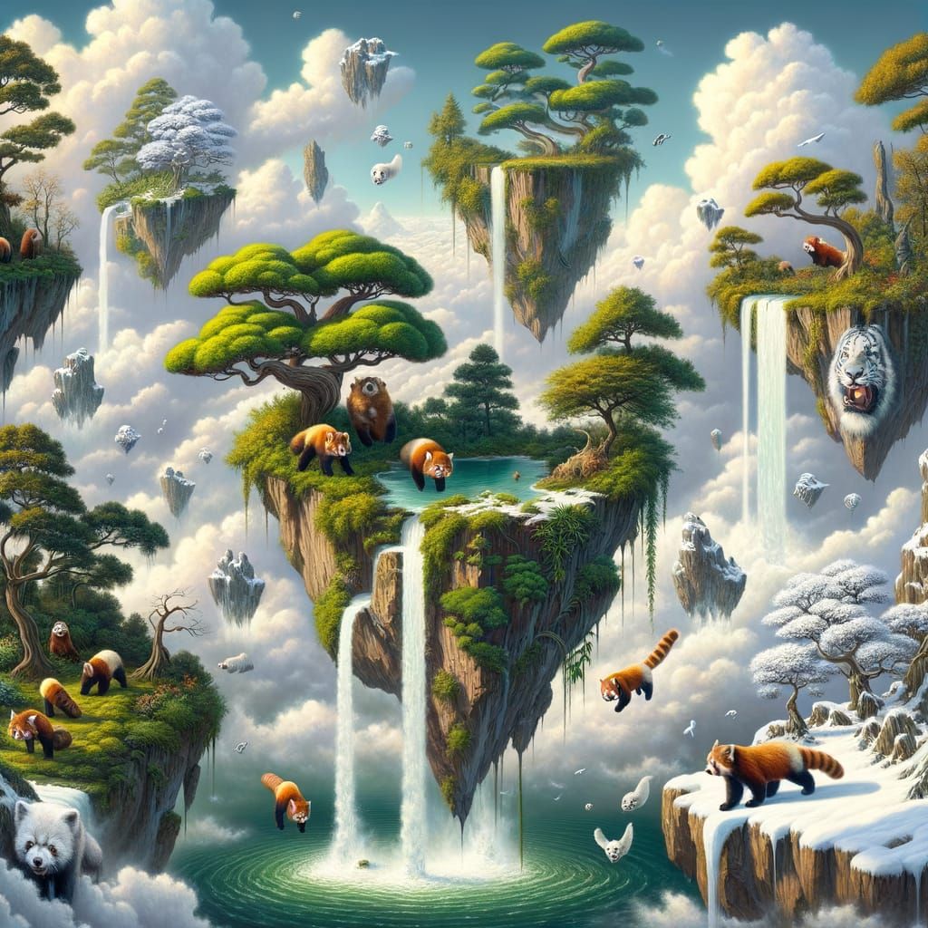 Surrealist Dreamscape: Floating Islands with Red Pandas & Sn...