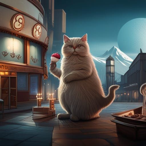 fat grey cat eating ice cream