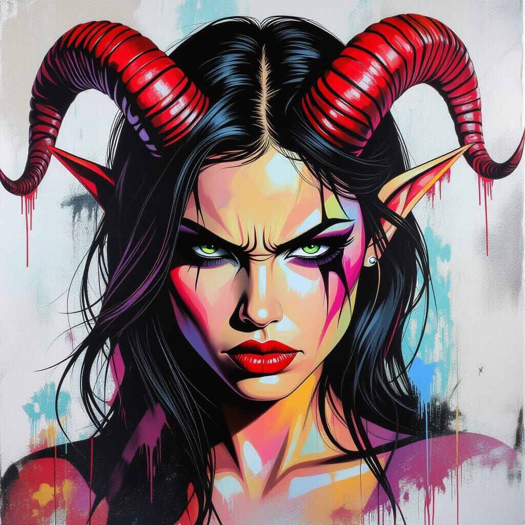 Woman with Demon Face in Graffiti Street Art