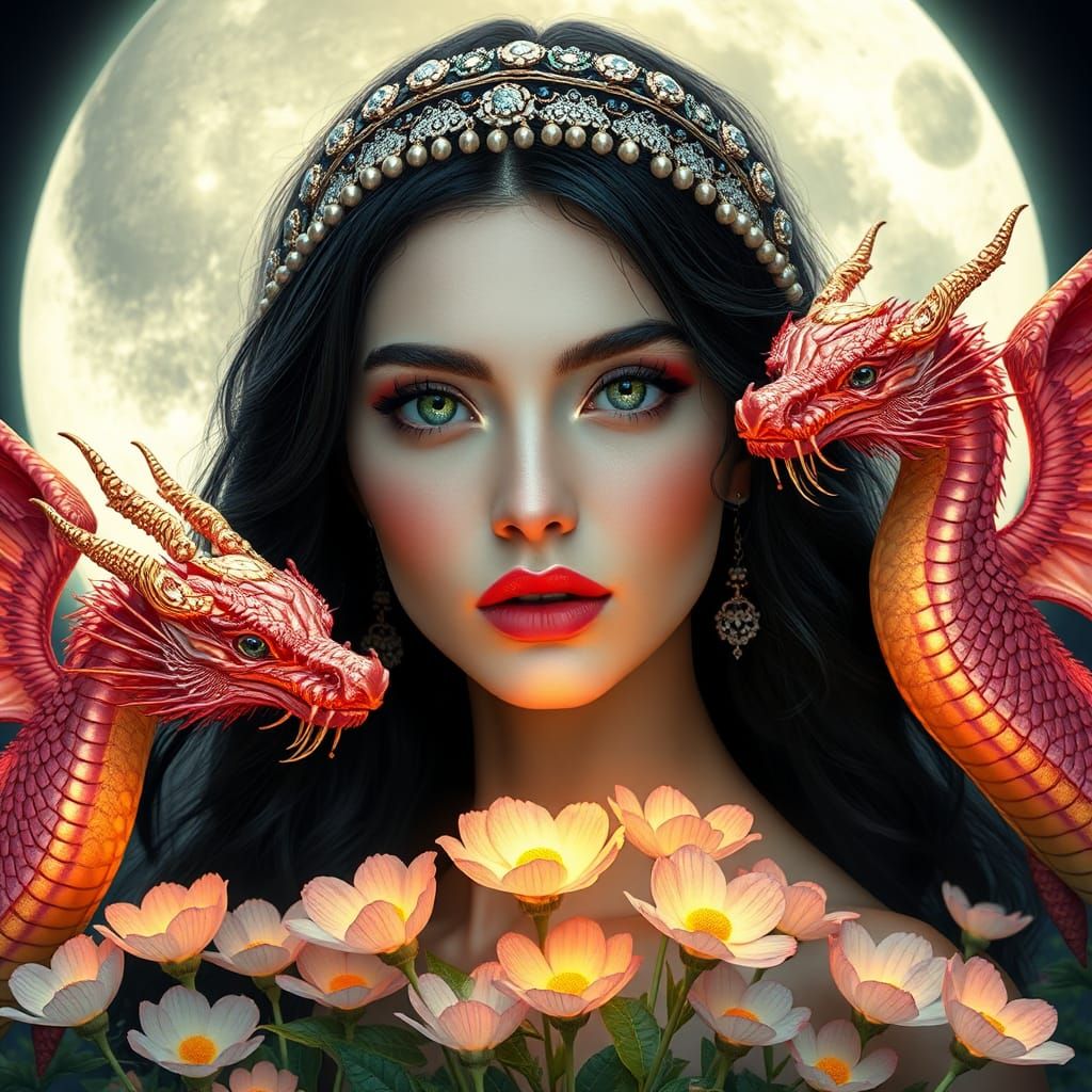 Lunar Goddess with Dragons in Hyperrealistic Style