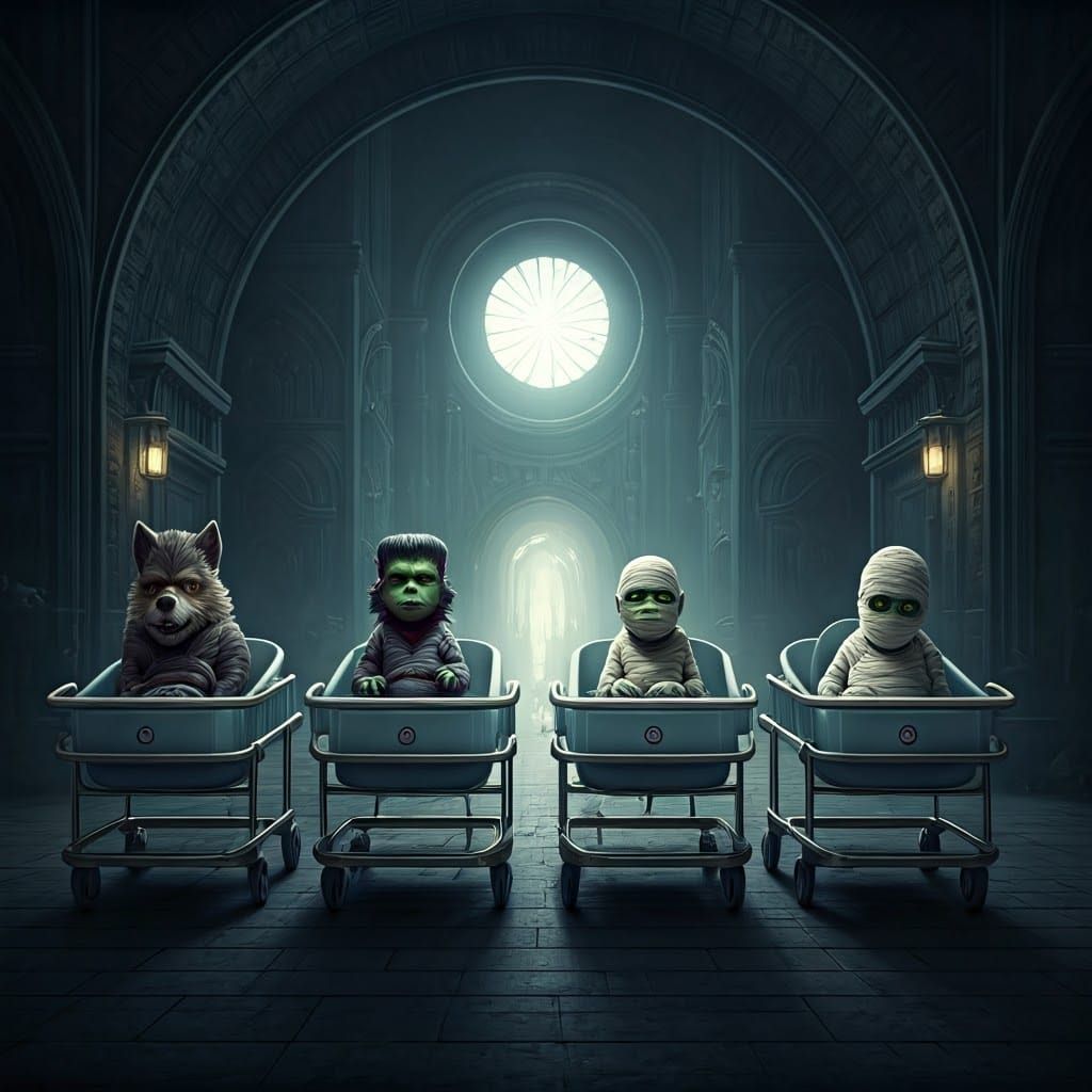 Baby Monsters in Hospital Carts: Digital Matte Painting