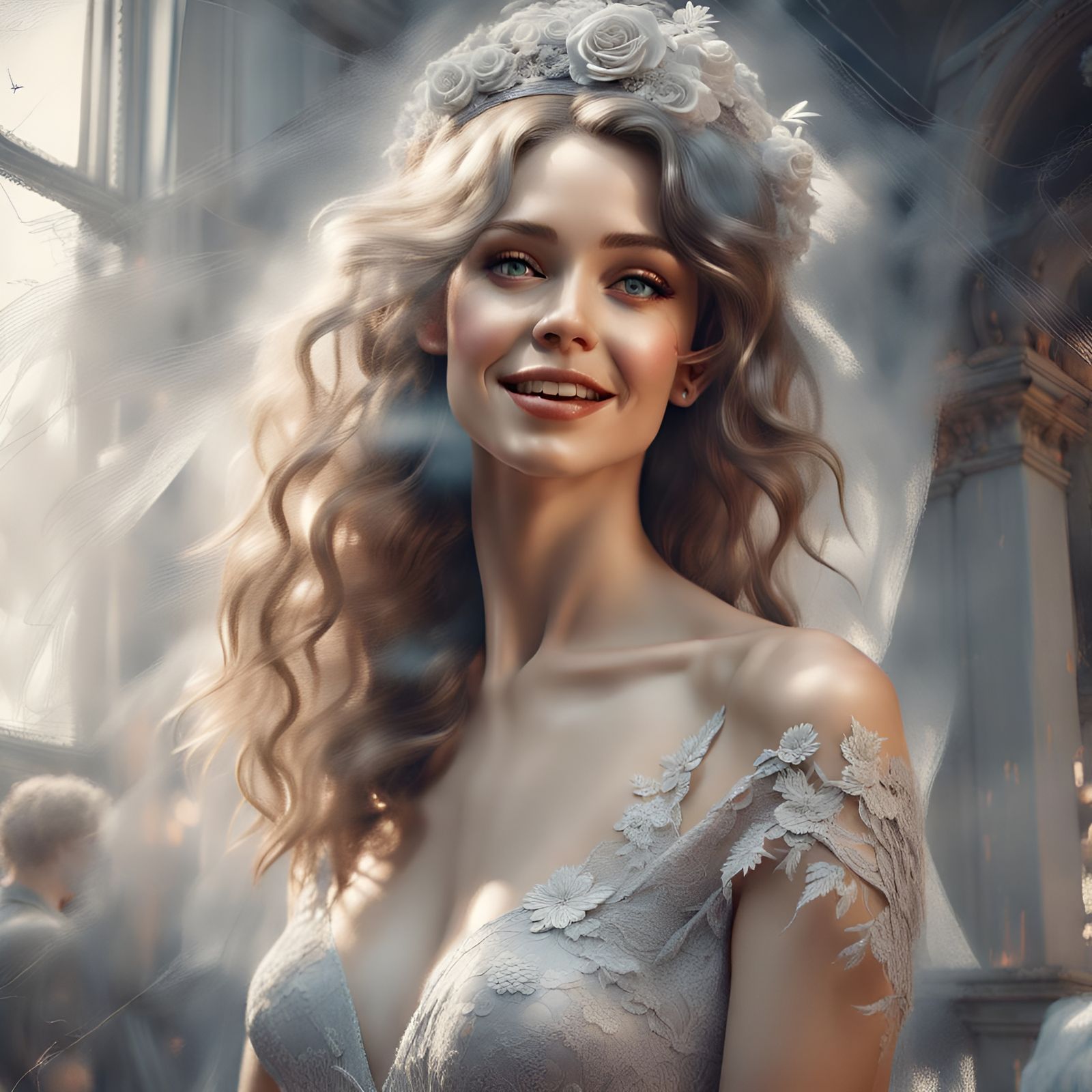 Happy Bride in Lacy Silver Dress, Digital Art