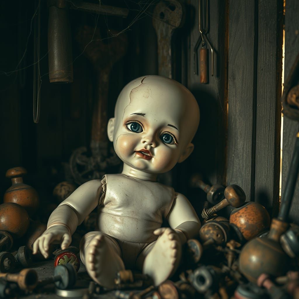 Discarded Doll in a Haunting Tool Shed Scene