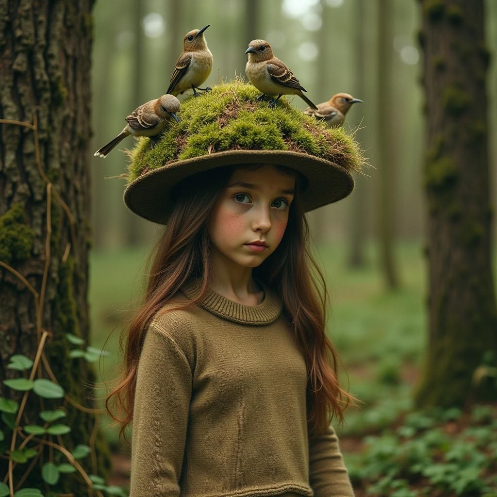 Moss Bird Hat: Surreal Forest Scene in Vintage Style