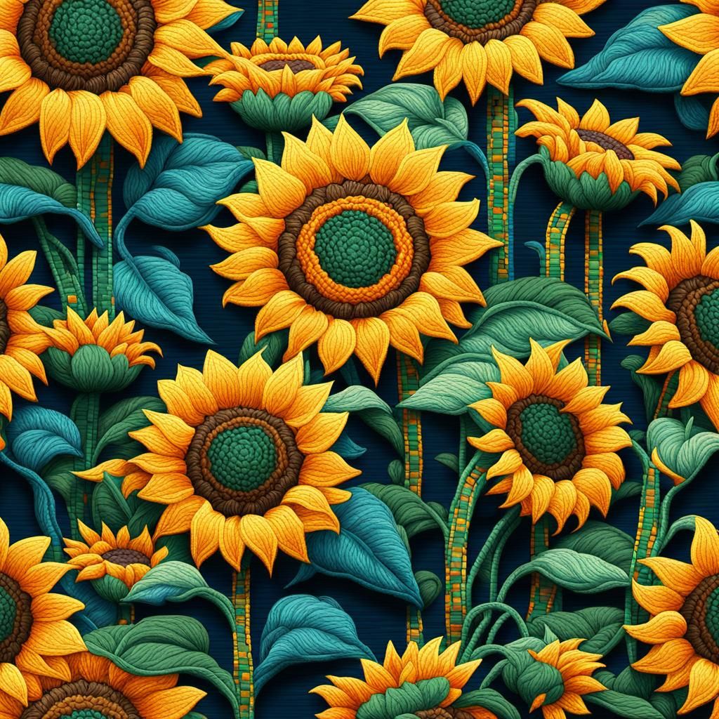 Pixelated Sunflowers with Embroidery Texture: Pop Art Style