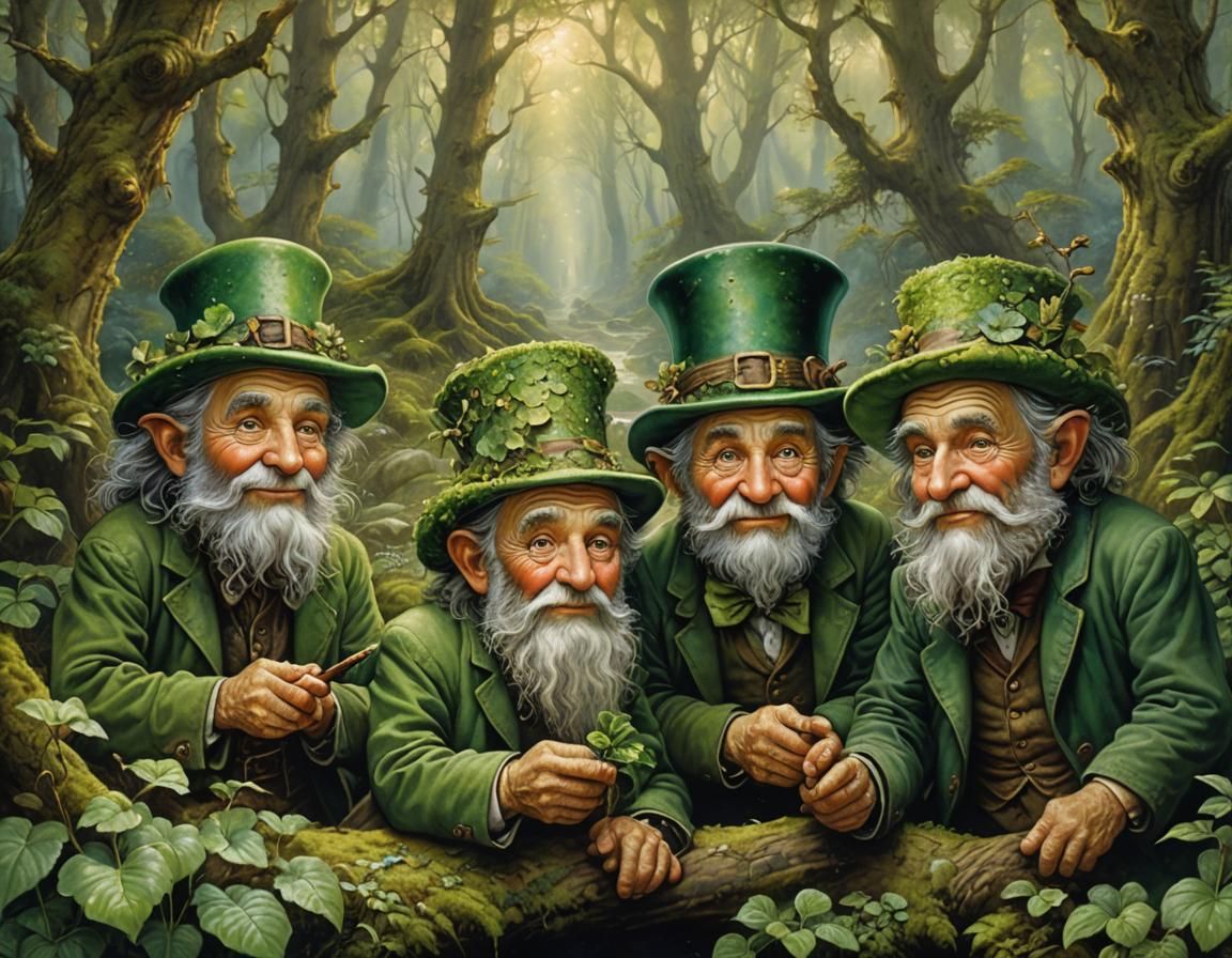 Leprechauns Discuss Art in Detailed Oil Painting