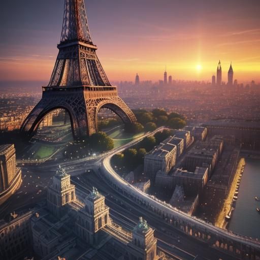 Eiffel Tower Sunset: Hyperrealistic Concept Art