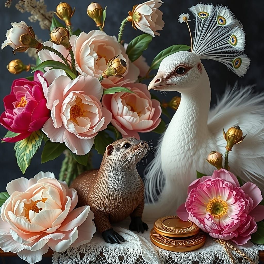 Elegant Peacock and Otter in Kintsugi Style