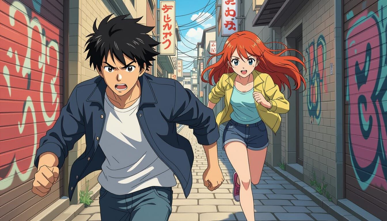 Young Man Running from Redhead in Anime Style