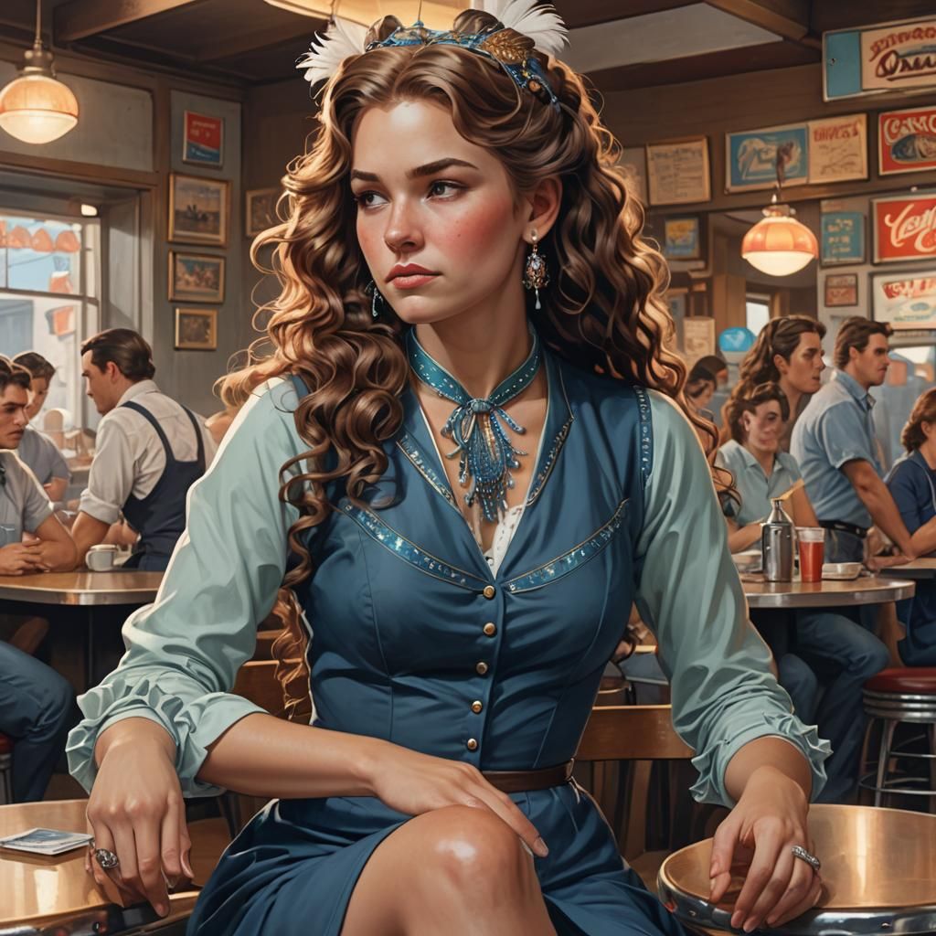 Amish Woman in Diner: Hyperdetailed Digital Art