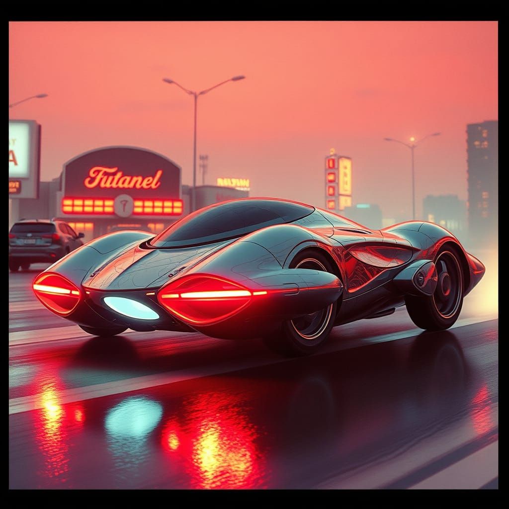 Living Metal Hovercar in a Cyberpunk Cityscape