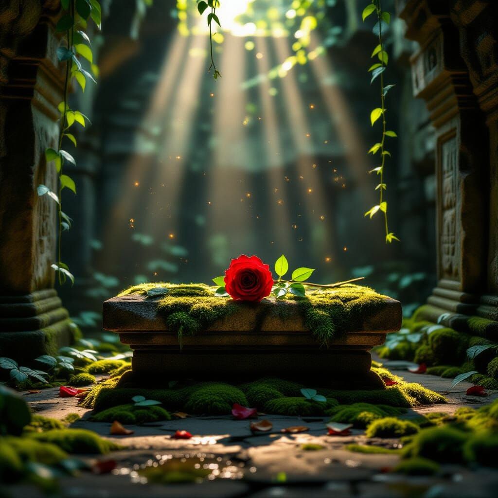 Preserved Red Rose on Ancient Altar in Jungle Temple