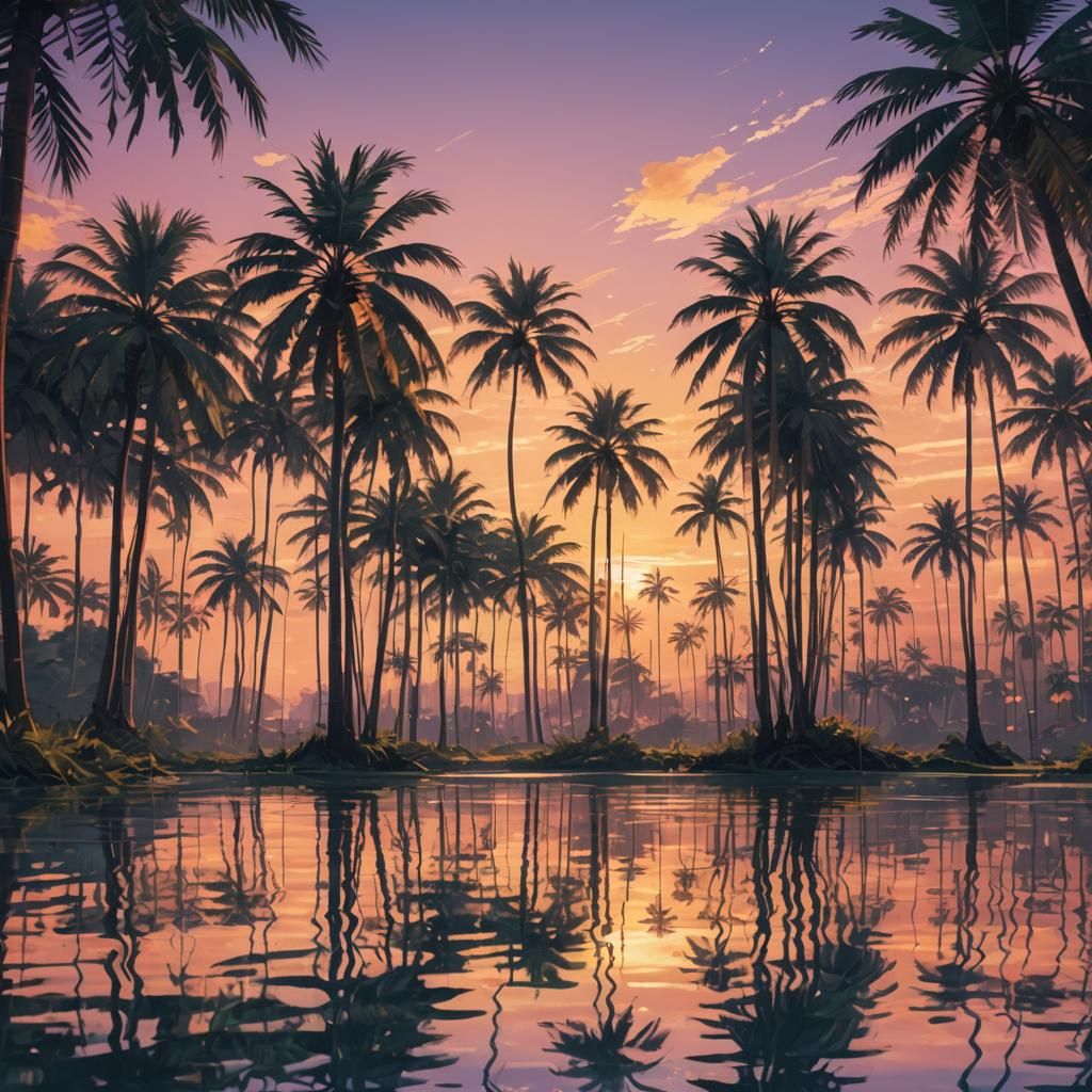 Dreamy Anime Sunset Nightscape with Palm Reflections