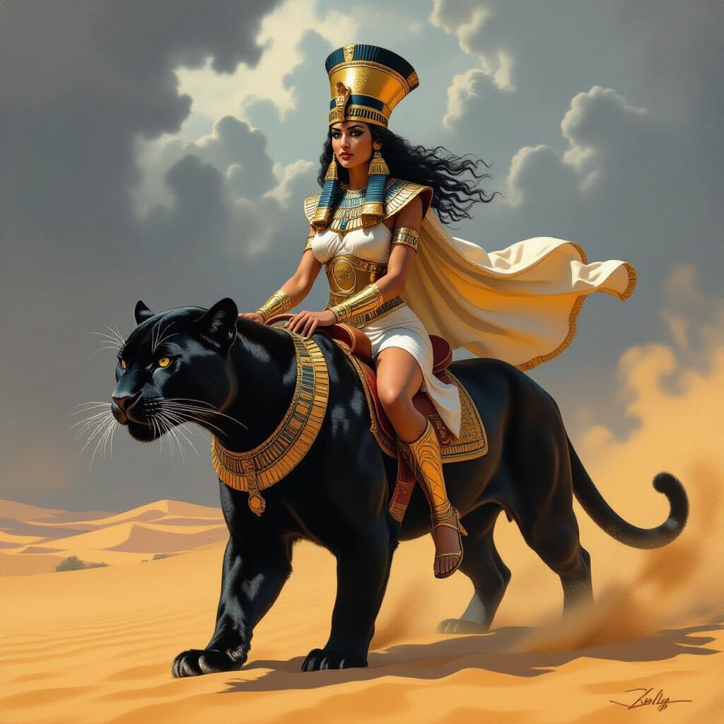 Cleopatra Rides Panther Through Stormy Desert Art