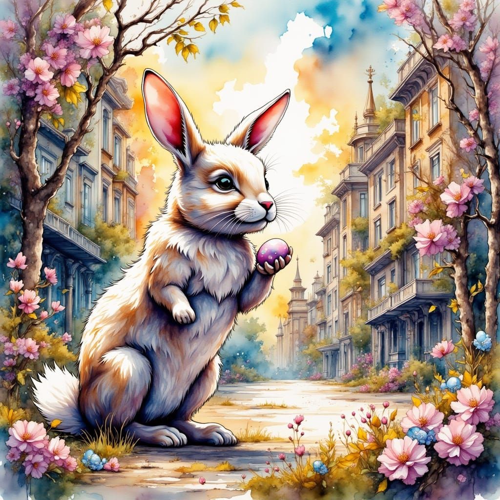 Easter Bunny Delivers Eggs in Retro Futuristic Cityscape