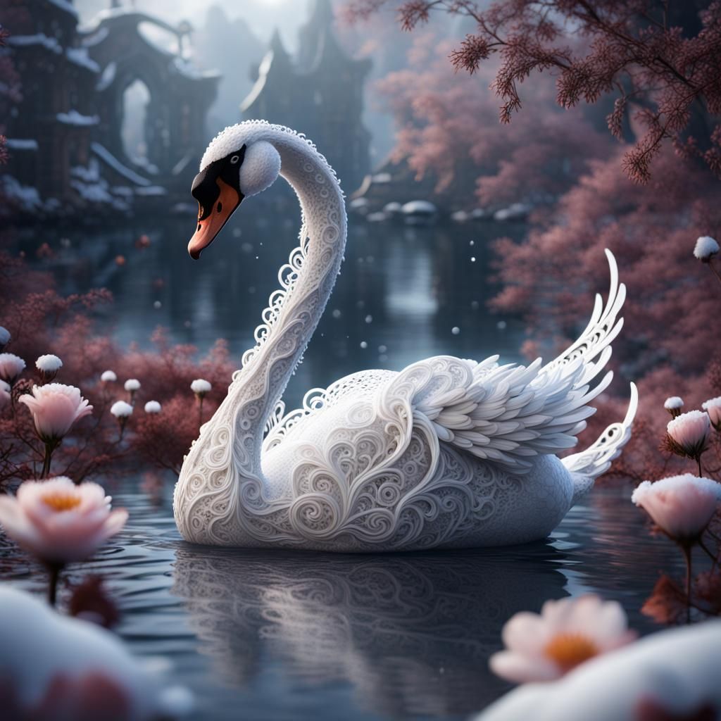 Lace Swan with Snow and Flowers