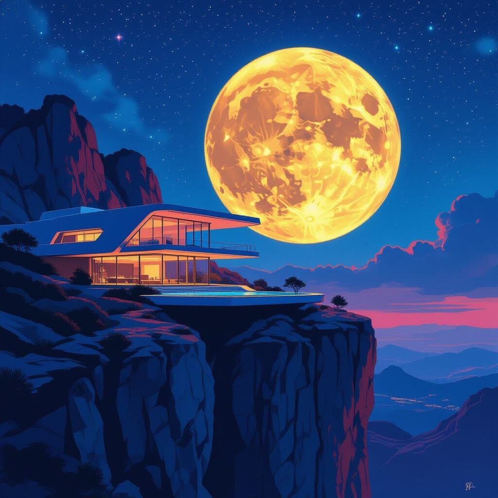 Futuristic Villa on Cliffside in Gouache Painting Style