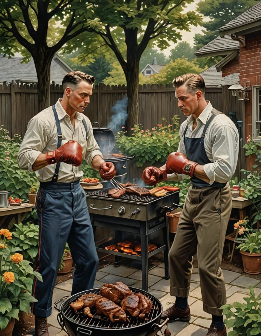 Boxers Train in Garden Barbecue, Leyendecker Style