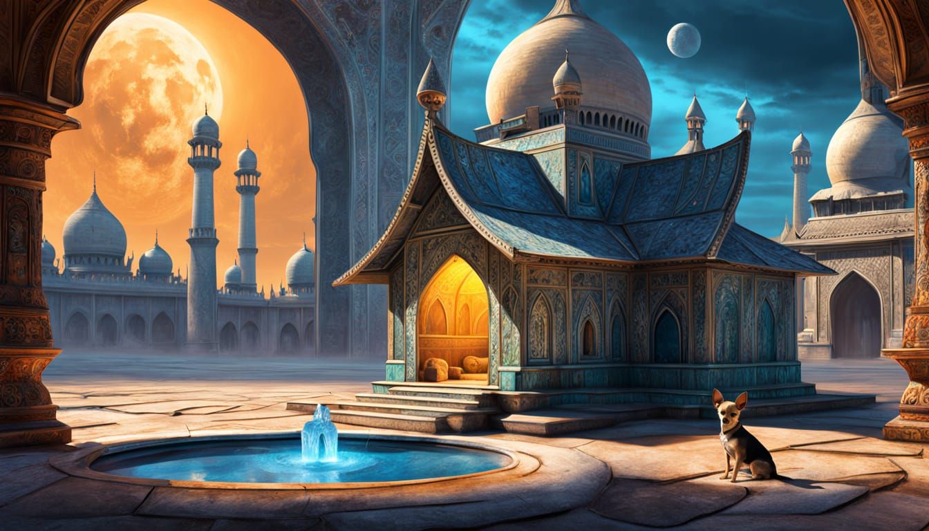 Chihuahua Before Taj Mahal Doghouse in Ethereal Light