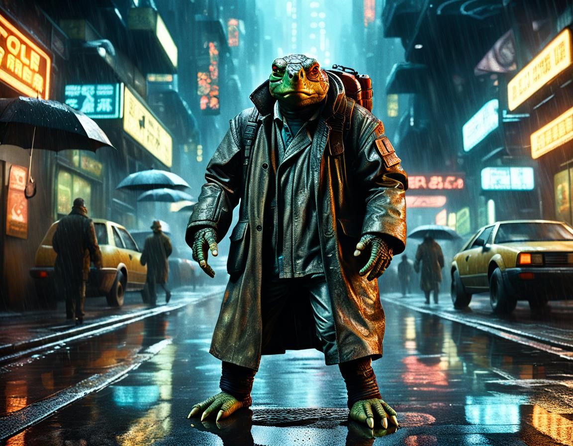 Anthropomorphic Turtle as Blade Runner in Cyberpunk