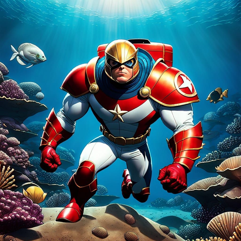 Comic Book Superhero in Scallop Armor Defends the Ocean