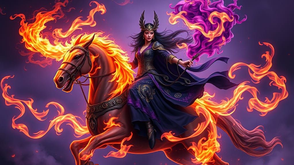 Ethereal Warlock on Fiery Steed, Dark Fantasy Art