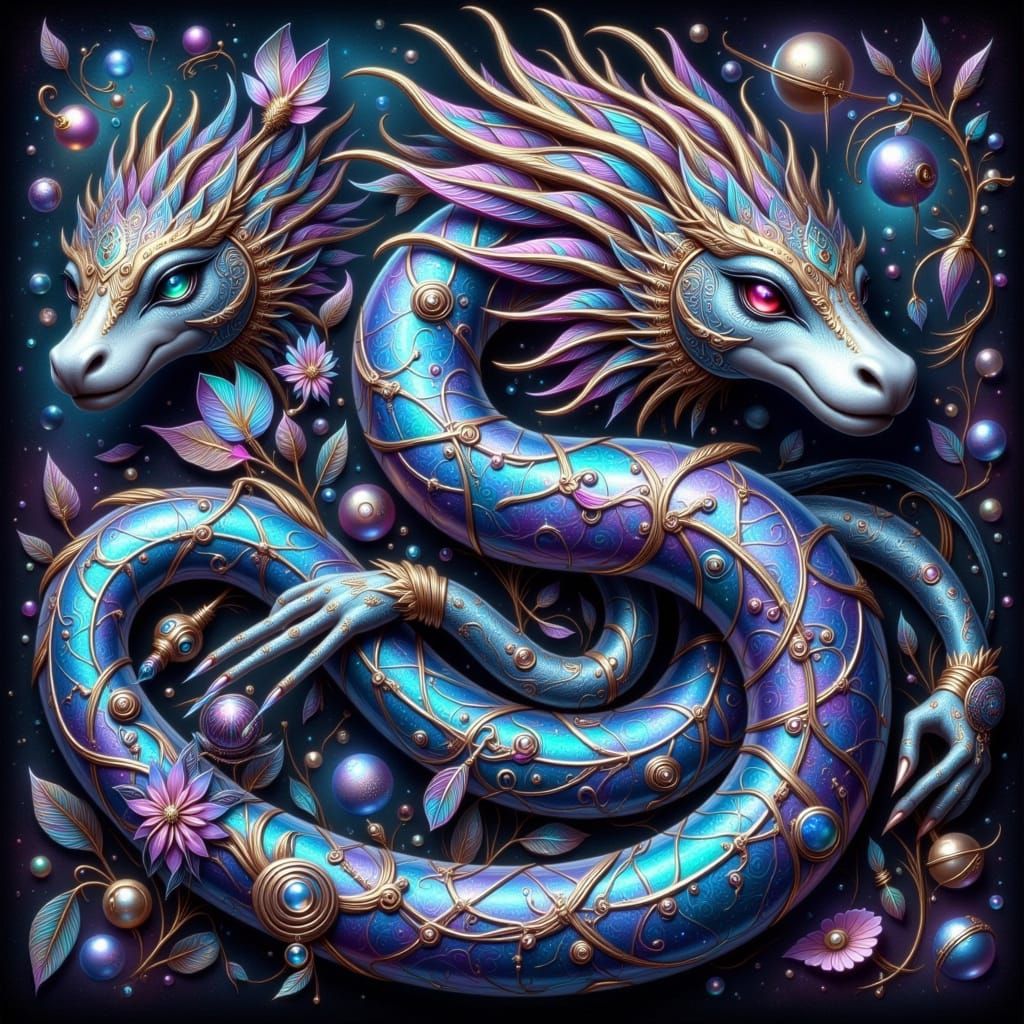 Majestic Iridescent Opal Serpent in Cyberpunk Style