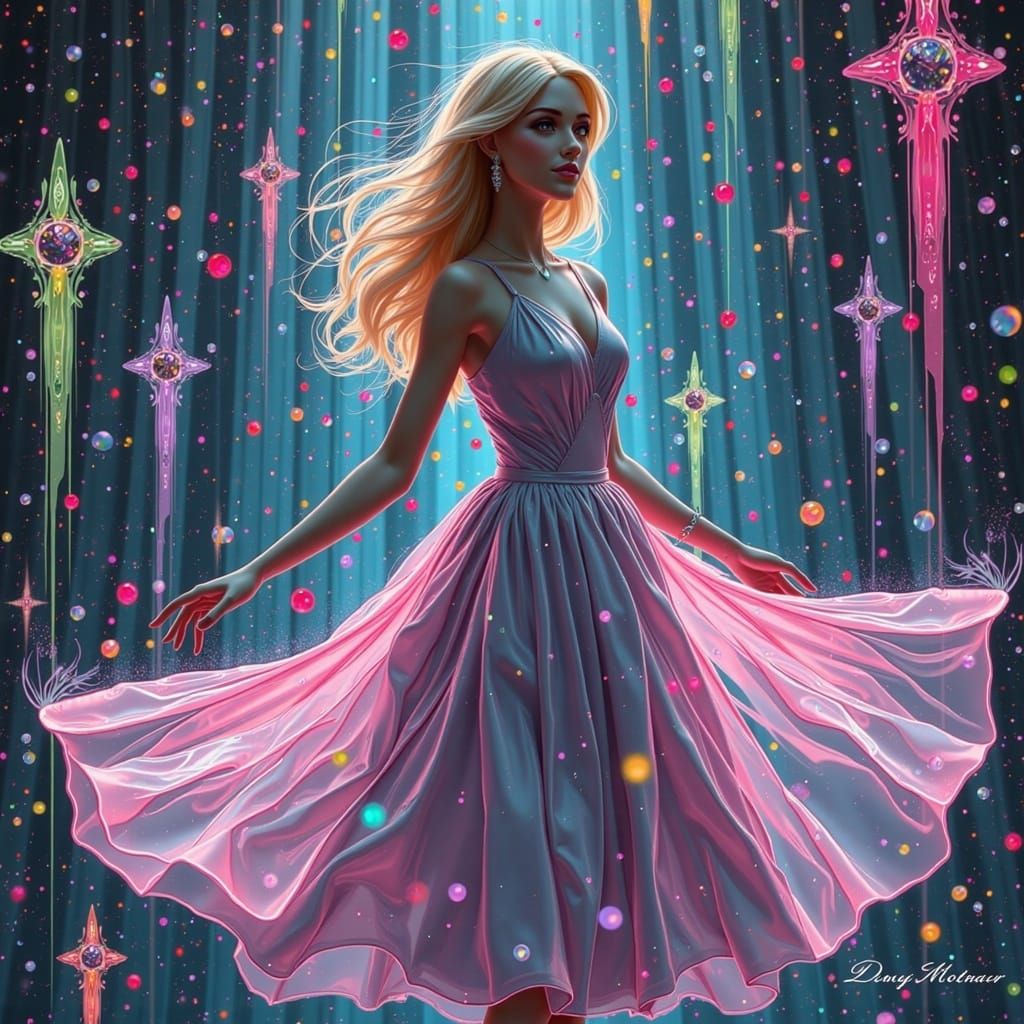 Blonde Woman Dancing in Neon Noir Glitch Art Style