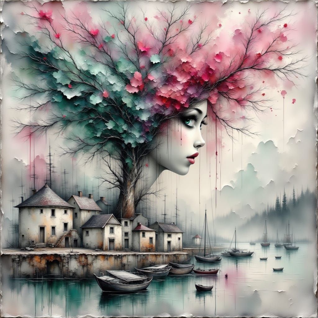 Ethereal Anime Woman in Old Town by Ocean