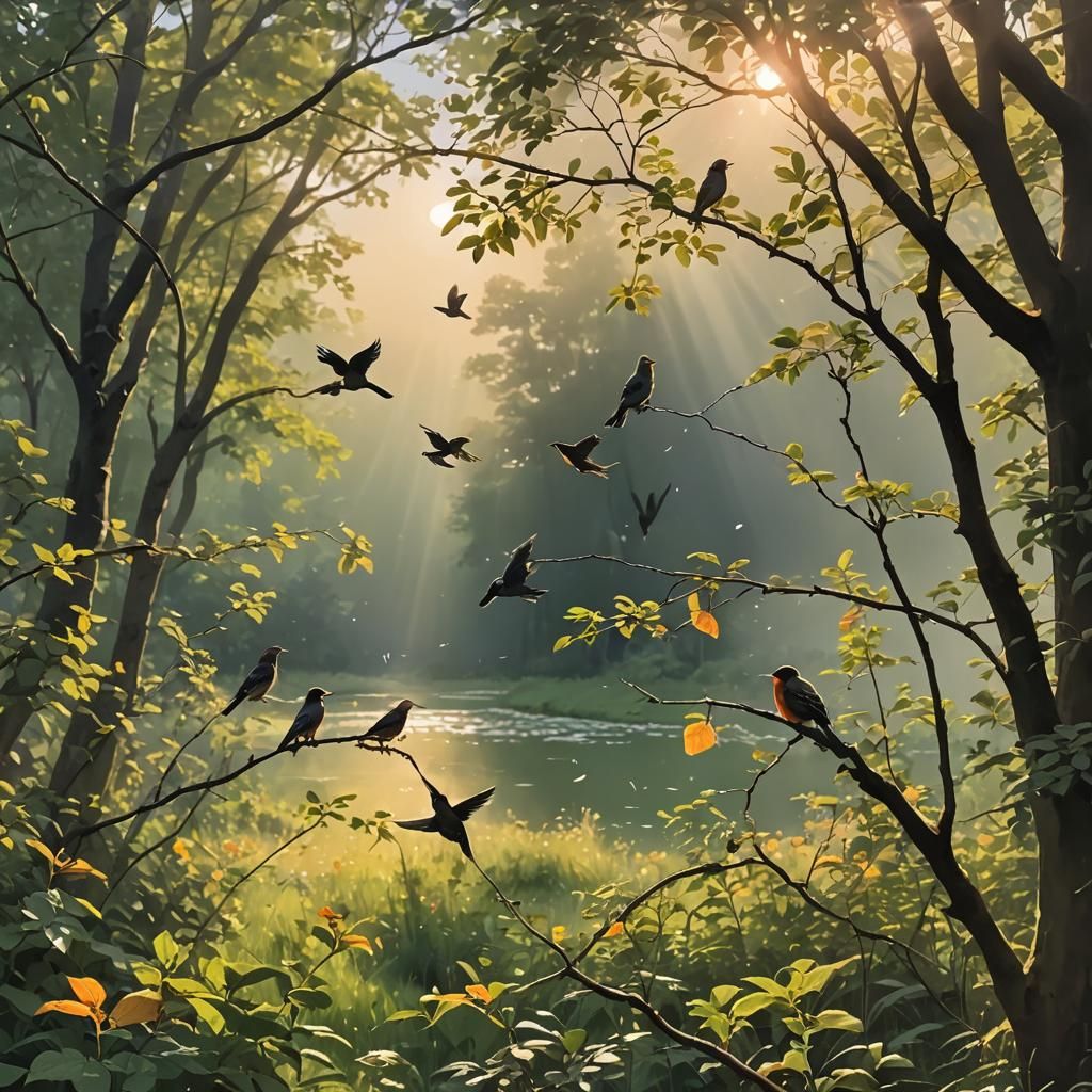 Serene Nature Scene with Sunlight and Birds