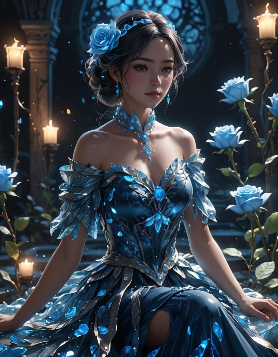 Bioluminescent Blue Rose in Anime Style