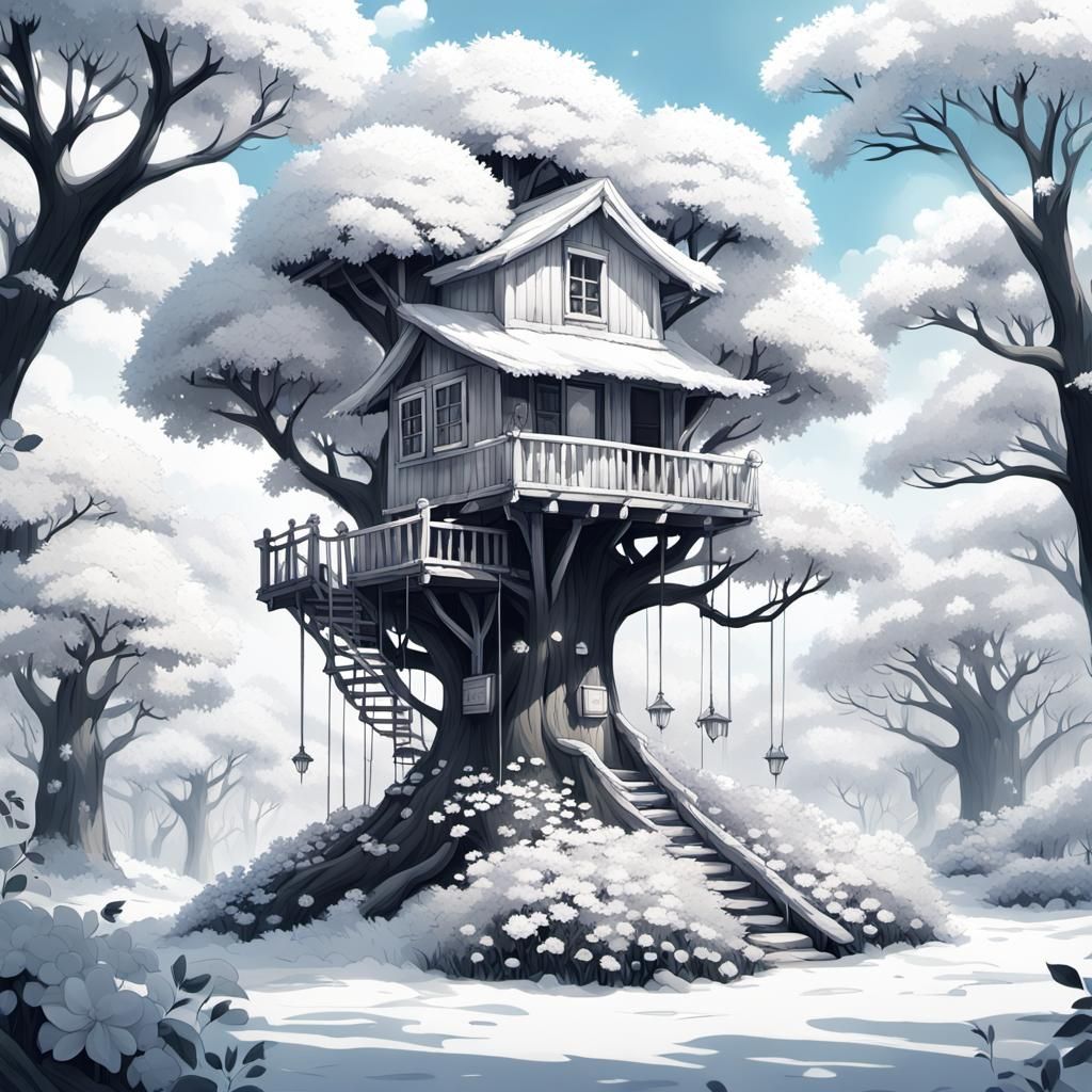 Snowy Treehouse in Manga Art Style